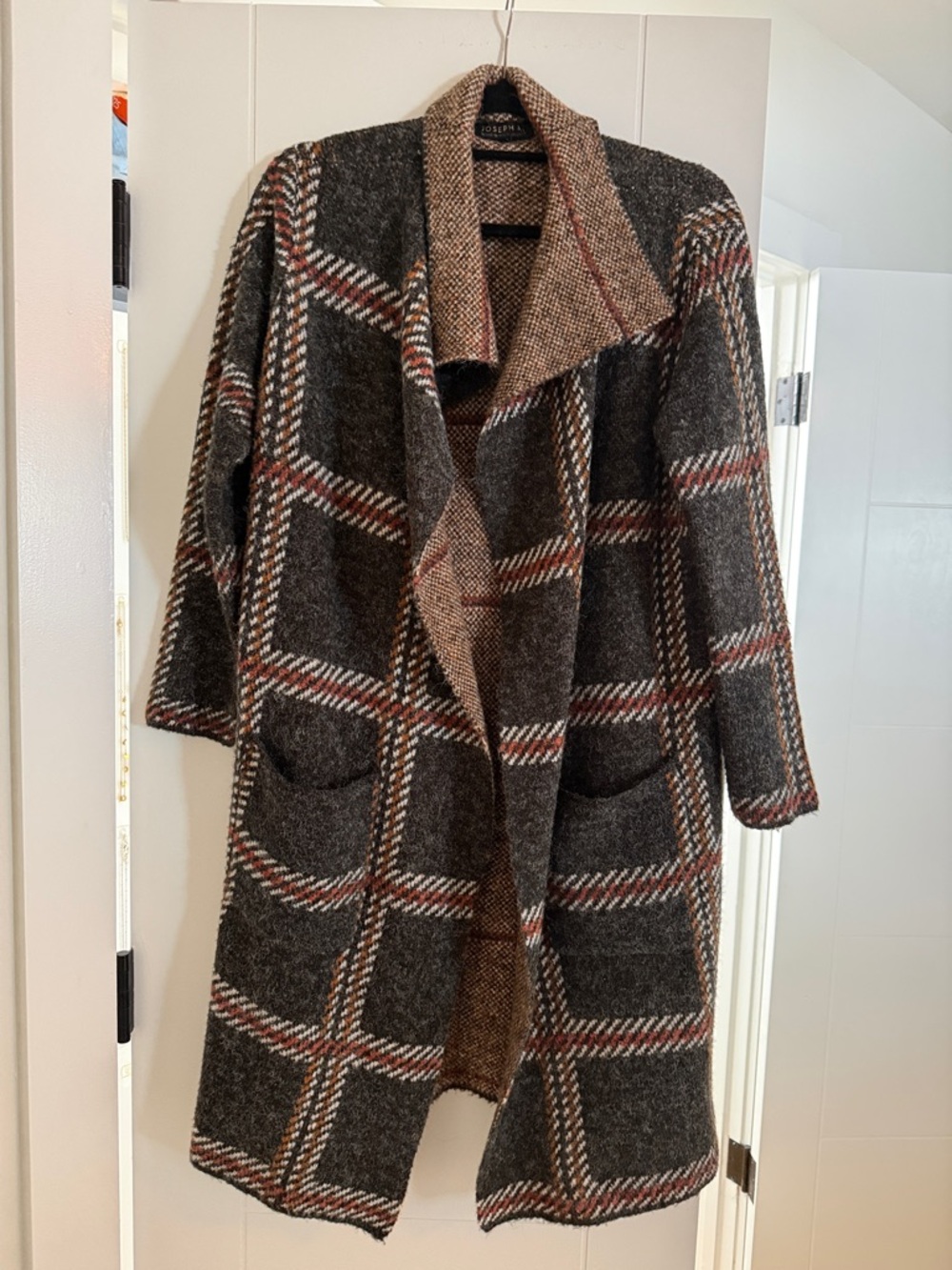 Joseph Plaid Open-Front Trench Coatigan in Charcoal and Brown